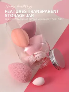 Detail view of a 14-piece beauty egg makeup sponge set stored in a clear transparent jar