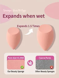 Detailed view of pink makeup sponge showing 1.5x expansion when wet and fine pores