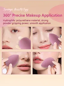 Detail showing purple makeup sponge application on different facial areas for smooth finish.