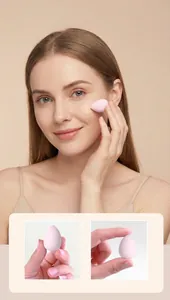 Detailed view of a mini pink teardrop-shaped makeup sponge for precise touch-up application