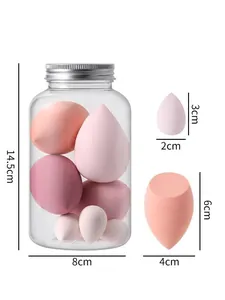 Detail view showing dimensions of 14-piece makeup sponge set in a jar
