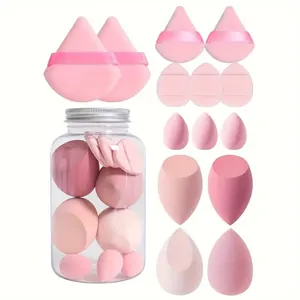 14-piece pink makeup sponge and powder puff set in clear storage jar for wet and dry use