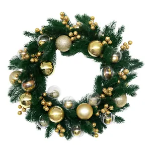 Handmade Christmas Pine Needle Wreath With Golden Red Ornament Balls Artificial Wreath For Front Door Window Mall Festival Decoration Holiday Gift