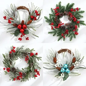 Artificial Christmas Wreath With Pine Needles Red Berries Natural Pine Cones Bow Metal Bells Hanging Holiday Door Wall Window Party Ornaments For Home Shop Decoration