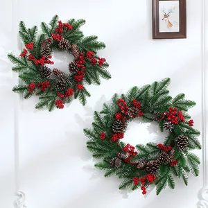 Festive 50cm Christmas wreaths with pine cones and red berries for home wall door decor