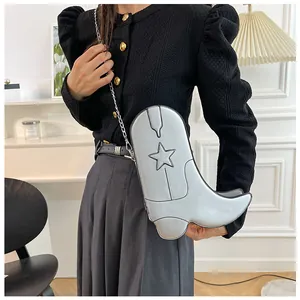 Sac bandoulière créatif et élégant en similicuir argenté en forme de botte pour femme