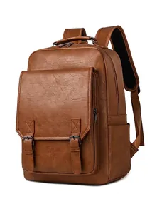Detaillierte Seitenansicht eines braunen PU-Leder-Business-Rucksacks für Herren