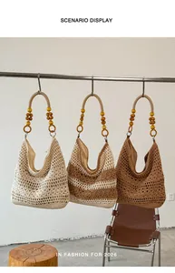Detailed view of handmade crochet beach bags in three different earthy neutral tones