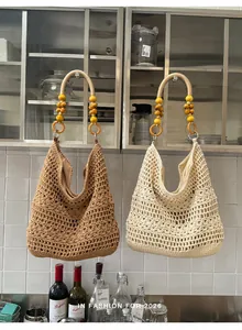 Large handmade crochet woven tote bags in brown and cream for beach vacation.