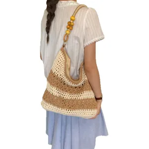 Large capacity handmade crochet beach bag with wooden beads for stylish vacation