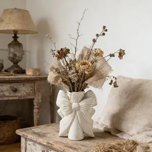 Vase en Céramique Vintage Européen Nœud Papillon Blanc Crème Finition Vieillie Pot de Fleurs pour Fleurs Séchées Décoration de Maison Salon Cadeau
