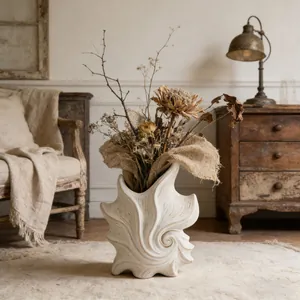 Artistic white ceramic shell vase with vintage dried flower arrangement in rustic room