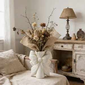 Détail d'un vase en céramique blanc en forme de nœud avec un bouquet de fleurs séchées