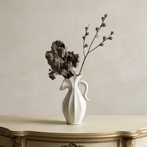 Nordic Cream Style Moderne Keramische Vaas Handvat Geribbelde Textuur Bloempot Voor Droogbloemen Woonkamer Woondecoratie Accent