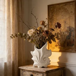 Detailed view of the artistic spiral texture on this white French vintage ceramic vase