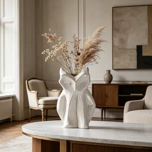 Primo piano di un moderno vaso a forma di gufo in ceramica bianca con pampas su marmo.