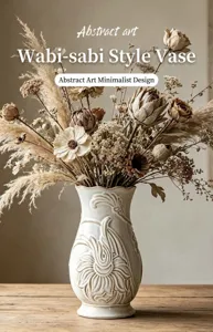 Detail van de crème keramische vaas met bloemenreliëf en rustieke droogbloemen.