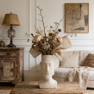 Elegante vaso in ceramica a testa di Moai con fiori secchi in un ambiente rustico