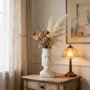Vaso in ceramica con statua Moai vintage su un mobile in legno rustico