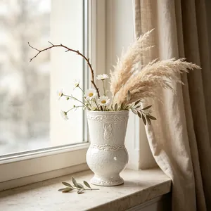 Detailed close-up of French vintage embossed white ceramic vase with rabbit relief pattern