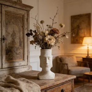 Creativo vaso da fiori in ceramica statua Moai con decoro floreale in stile rustico