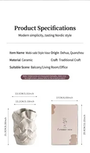 Artistic white ceramic vase with wavy texture and detailed packaging box dimensions