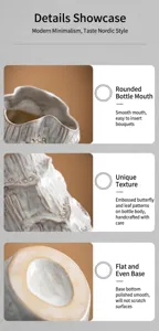 Detailed close-up views of a retro ceramic vase showing leaf textures and a smooth base