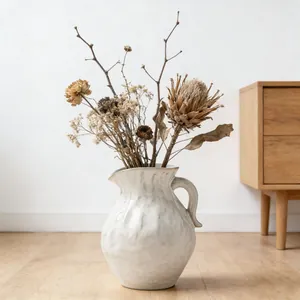Modern Minimalist Wabi-sabi Style White Ceramic Vase With Handle Hand-painted Glazed Decorative Pitcher Vase For Home Decor Living Room Office