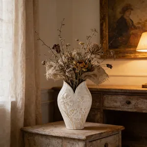 Keramische vaas in vintage Wabi-sabi-stijl met reliëfbloemen voor rustieke decoratie.