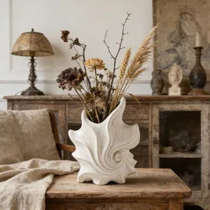 French vintage white conch shell ceramic vase for artistic home decor and flower arrangement
