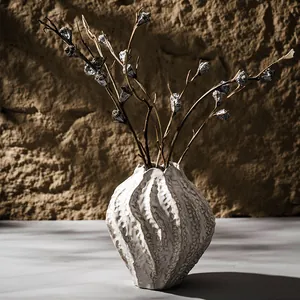 Handcrafted white textured ceramic vase for Nordic minimalist home decor and dried flowers