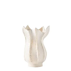 Artistic white ceramic flower vase with organic tulip-inspired wavy rim and textured surface