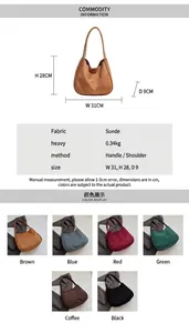 Grand sac à main en daim en six couleurs avec des mesures détaillées de la taille