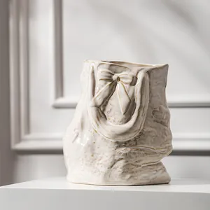 Nordic cream ceramic handbag shaped vase with bow for French romantic home decor