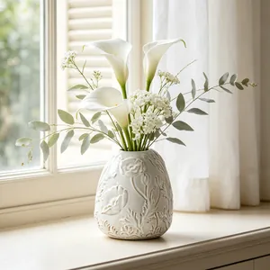 Pastoral Vintage Creamy Ceramic Vase With Floral Relief Embossed Tabletop Decor For Living Room Wabi-sabi Style Flower Vase