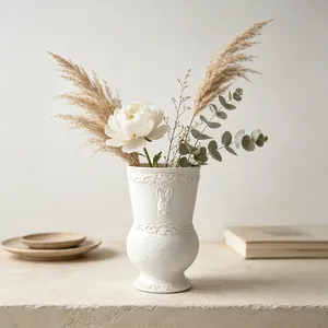 Detailed view of French vintage white ceramic vase with embossed rabbit and relief motifs