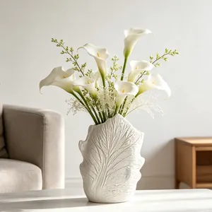 Wabi-Sabi White Ceramic Vase Leaf Vein Texture Minimalist Nordic Style Flower Pot Home Decor Living Room Desktop Ornament