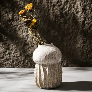 Rustic Wabi-sabi style textured white ceramic flower vase for minimalist home decoration