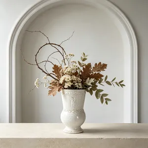 Detailed view of a French vintage white ceramic vase with elegant rabbit relief carving