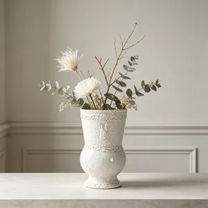 French vintage white ceramic vase featuring elegant rabbit relief for home floral decor