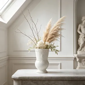 Detail view of French vintage white ceramic vase with rabbit relief in elegant setting