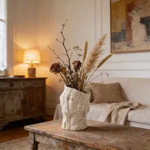 Close-up of artistic ceramic face vase with dried flowers in a warm lifestyle setting