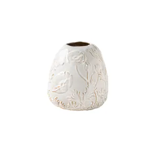 Elegant cream ceramic flower vase with embossed floral pattern for vintage home decor