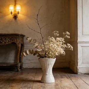 Elegant artistic white ceramic vase with dried flowers in a vintage rustic room setting