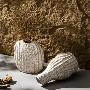 Rustic white textured ceramic vase for dried flowers, modern home decor accent