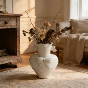 Detailed shot of a heart-shaped white ceramic vase with a bow relief and dried flowers