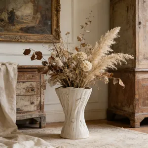 Nordic White Ceramic Vase with Embossed Bow Design Modern Minimalist Wavy Mouth Flower Vase for Living Room Tabletop Decor