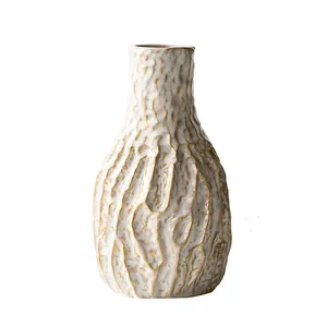 Handcrafted white vintage ceramic bud vase with textured bark finish for home decor