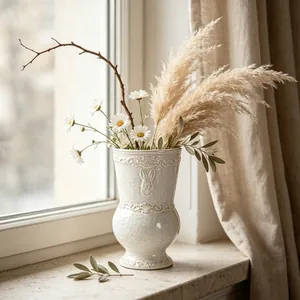 Elegant vintage French relief white ceramic vase for home decor flower arrangements