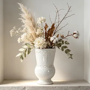 Vintage French white ceramic vase with embossed rabbit design for floral decor